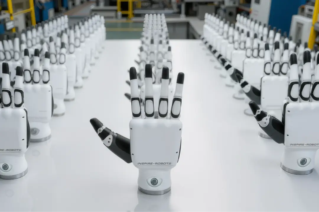 Photograph shows lines of robotic hands made by Inspire-Robots